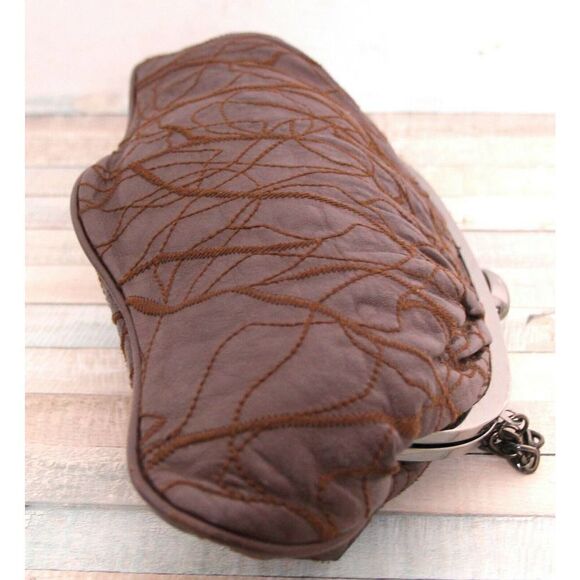 INGE PATCHWORK BROWN GENUINE LEATHER FRAME CHAIN HANDBAG SHOULDER BAG CLUTCH - Picture 5 of 10